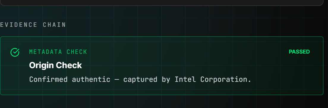 FauxLens metadata check passing on a real photograph, confirming it was captured by an Intel Corporation camera.