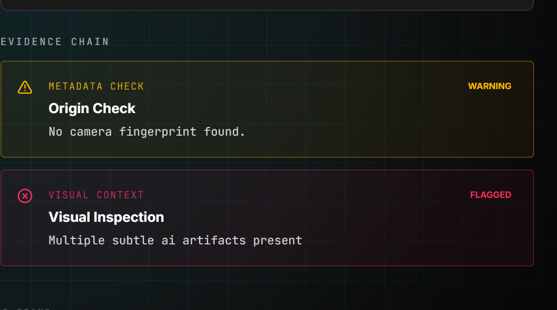 FauxLens evidence chain flagging an image: the metadata check warns that no camera fingerprint was found, and visual inspection is flagged for multiple subtle AI artifacts.